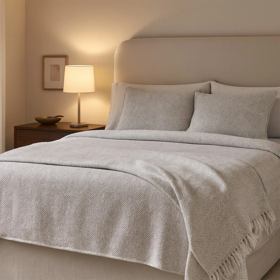 Ash Grey Wool Herringbone Bed Cover Quilt – Premium Wool Luxury Bedroom Decor - Image 1 of 4