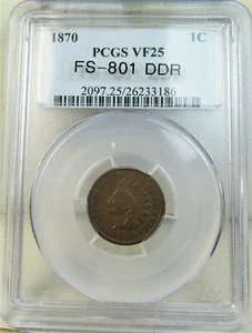 1870 Indian cent PCGS VF25 *FS 801 DDR* BR - Picture 1 of 3