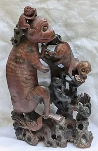 ANTIQUE 1890 CHINESE SOAPSTONE HAND CARVED FIGURINE MONKEYS BIRDS RED/BLACK - Picture 1 of 24