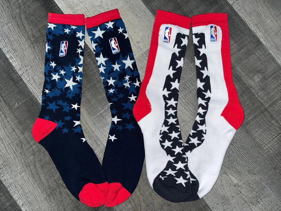 2 PAIR SET NBA LOGO MAN STARS AND STRIPES TEAM USA BLUE WHITE CREW SOCKS LARGE - Image 1 of 1