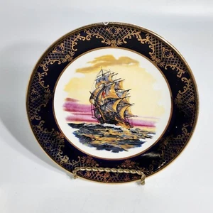 Vintage Cobalt Blue Ceramic Collector Plate With Ship Scene and Gold Accents - Picture 1 of 12