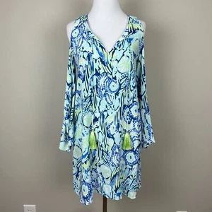 Lilly Pulitzer Dress XXS Blue Tunic Benicia Cold Shoulder Slit Sleeve Tassels - Picture 1 of 16