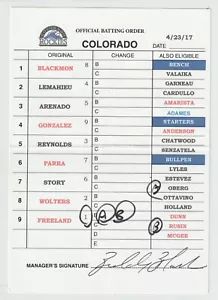 4-23-17 Colorado Rockies Game Used Lineup Card - DJ Lemahieu & Charlie Blackmon - Picture 1 of 1