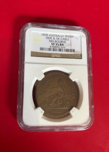 1858 AUSTRALIA PENNY HIDE AND DE CARLE MELBOURNE NGC VF 35 BN - Picture 1 of 2