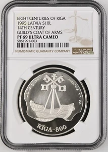 1995 LATVIA SILVER 10 LATU 8 CENTURIES OF RIGA GUILD'S COAT OF ARMS- NGC PF69 UC - Picture 1 of 2