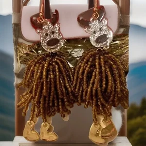 Holiday Reindeer Christmas Beaded Dangle Pierced Earrings New - Picture 1 of 5