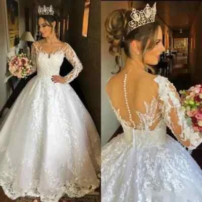 Luxury Wedding Dresses Transparent Neck Lace Long Sleeves Bridal Gowns Train - Image 1 of 4