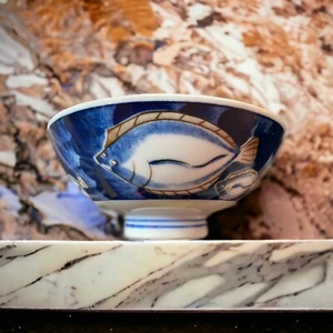 Juego de 4 cuencos de postre de arroz de 4,75" con diseño de pescado de porcelana azul/blanco chino de colección - Imagen 1 de 7