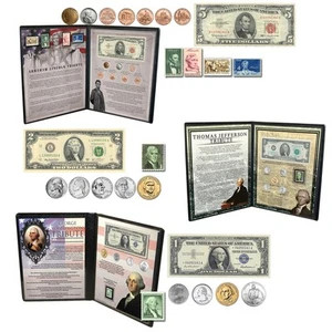 Washington Jefferson Lincoln Coin Currency Banknote and Stamp Collection Folder - Picture 1 of 1