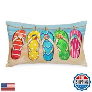 AACORS Summer Pillow Cover 12x20 Inch Flip Flops Decor Tropical Beach Satrfis - Picture 1 of 5