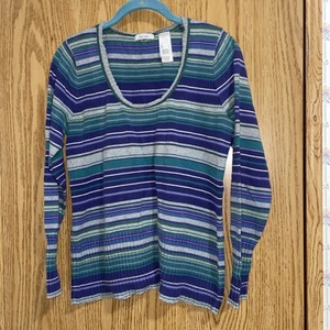 Liz & co. Women’s Large sweater purple gray green stripe long sleeve Coastal Y2K - Picture 1 of 7