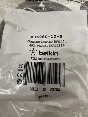 CABLE DE CONEXIÓN BELKIN A3L980-10-GRY-S, CAT6 SIN ENGANCHES, RJ45M/RJ45M, 10 PIES Foto 1 de 2