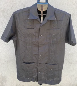 The Havanera Co Guayabera Shirt Black Pleated Embroidered Button Up Beach SZ M - Picture 1 of 10
