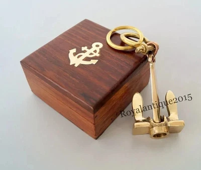 Vintage Solid Brass Anchor Key Chain Ring Nautical Gift Item With Wooden Box - Image 1 of 4