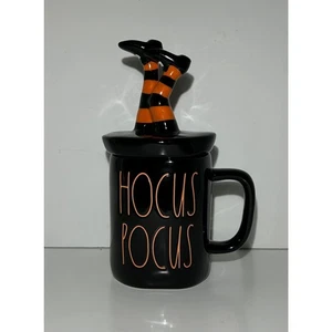 Rae Dunn Halloween HOCUS POCUS Black Coffee Mug with Witch Legs Topper Lid - Picture 1 of 4