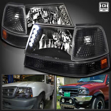 Black Fits 1998-2000 Ford Ranger Led Strip Headlights+Bumper+Corner Signal Lamps