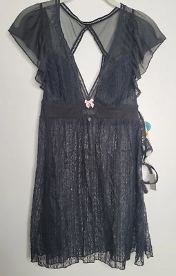 Betsey Johnson Women Small Black Lace Babydoll Dress Panty Set Lingerie Nightie - Image 1 of 4