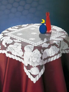 Lace Table Topper Overlay Puppies Design 32 x 32 in. White Flocked Lace - Picture 1 of 3