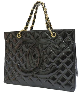 Auth CHANEL Black Quilted Patent Leather Chain Shoulder Tote Bag #51691 - Picture 1 of 11