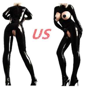 Sexy Women's Wetlook Catsuit Faux Leather Bodysuit Lingerie Clubwear Jumpsuit - Picture 1 of 40