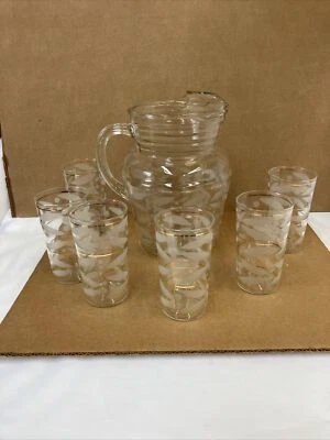 Jarra de vidrio de colección de 9,5” H y seis vasos de 4,75” vidrio de la depresión de los años 30 MUY BUENO Foto 1 de 4