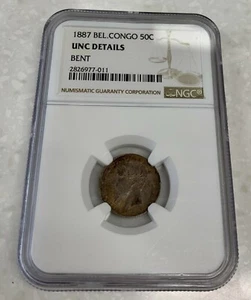 1887 Belgian Congo 50 Centimes Silver Coin - NGC Unc Details - Bent - Picture 1 of 2