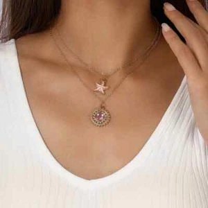 Double Layered Necklace-Cute Light Pink Starfish & Sun CZ Gold PLD Necklace-Gift - Picture 1 of 9