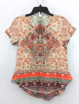One World Shirt Womens Medium Red Paisley Beaded Short Sleeve Lightweight Top - Image 1 of 4