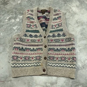 Eddie Bauer VTG Wool Button Front Sweater Vest Heart Fair Isle 1990 Sz. Medium - Picture 1 of 6