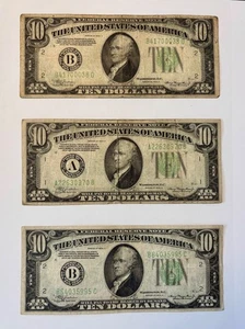 1934A $10 Ten Dollar Green Seal Federal Reserve Notes • Lot of 3 • Circulated - Picture 1 of 2