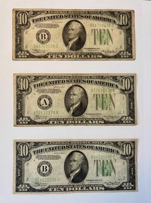 1934A $10 Ten Dollar Green Seal Federal Reserve Notes • Lot of 3 • Circulated - Image 1 of 2