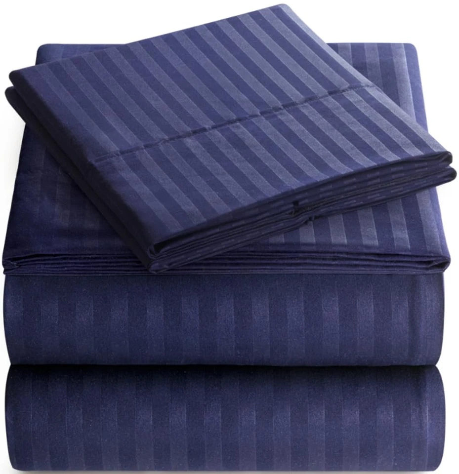 ITALIAN Prestige Collection 4PC QUEEN Striped Sheet Set NAVY