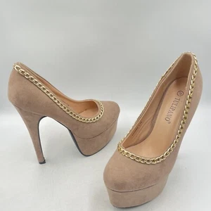 TAUPE BRAUN WILDLEDER HIGH HEELS GOLD KETTE PLATEAU STILETTO 6” SPITZ Gr UK 3,5 - Bild 1 von 9