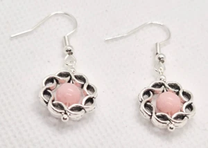 PINK OPAL SILVER PLATED HOOK EARRINGS 4CM DROP E349 - Picture 1 of 4