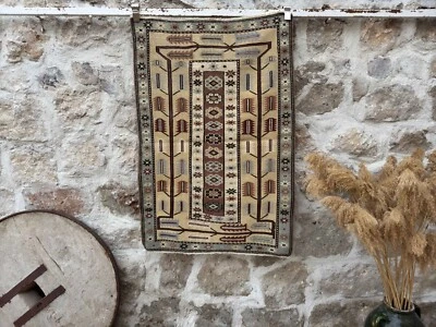 Vintage Anatolian Area Rug 3x4 Beige Wool Art Deco Small Carpet for Bedroom - Image 1 of 4