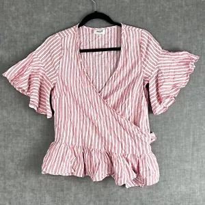 Seed Heritage Womens Size 8 Blouse Red Stripe Bell Short Sleeve V-Neck Faux Wrap - Picture 1 of 13