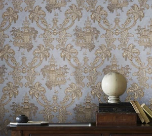 Wallpaper Oriental Scenic Asian pastel Gray Brass Gold Metallic textured floral - Picture 1 of 12