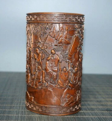 Olla de cepillo de Buda Arhat Rohan Lohan tallada en boj chino antiguo de 4,8" Foto 1 de 4