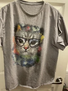 Cat With Glasses T Shirt Size Medium Gray - Picture 1 of 5