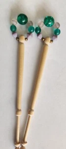 Set of 2 Carved Wood Spangled Lace Bobbins with Glass Beads - Picture 1 of 1