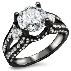 3.34 Ct Lab Created White Round Diamond Black Silver Beautiful Engagement Ring - Picture 1 of 3