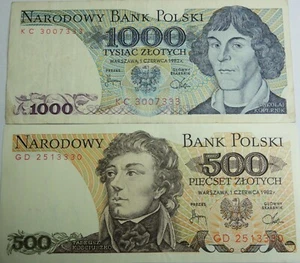 Polen 2 Stück Banknoten 500 und 1000 Złotych 1982 Erhaltung 2+ und 2+ - Bild 1 von 2