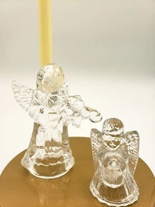 Vintage Angel Candle Holder Pair, Clear, Violin 4" & 2.5" Hollow Christmas Glass - Picture 1 of 10