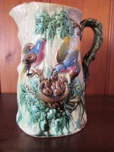 ANTIQUE MAJOLICA BLUE BIRD OR ROBIN FAMILY LARGE 8 inch PITCHER - Picture 1 of 8