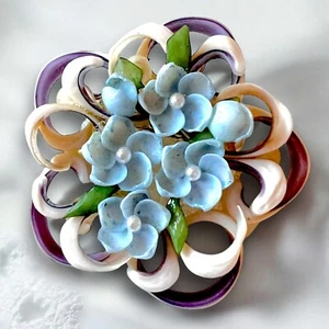 Broche Flor Concha Tallada Vintage Azul Púrpura Imitación Perla Retro Años 40 - Imagen 1 de 9