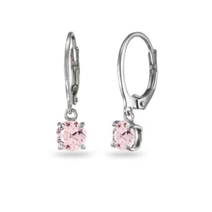 Sterling Silver Simulated Morganite 6mm Round Dangle Leverback Earrings - Picture 1 of 8