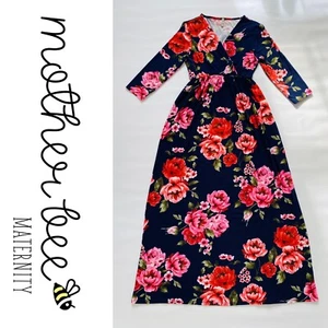 MOTHER BEE Maternity Navy Pink Floral Maxi Dress sz Small V-neck 3/4 Sleeves - Picture 1 of 9