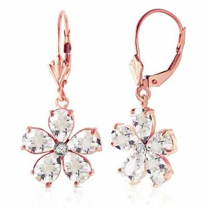 14K Solid Rose Gold Leverback Gemstone Earrings w/ Rose Topaz & Diamond - Picture 1 of 4