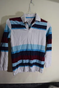 Tommy Hilfiger BOYS L 12-14 L/S White Blue Red Striped Polo Pique Knit Shirt - Picture 1 of 8