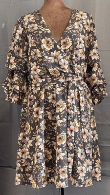 Maurices Floral V-Neck 3/4 Sleeve Mini Dress Elastic Tie Waist Lined Women SZ L - Image 1 of 4